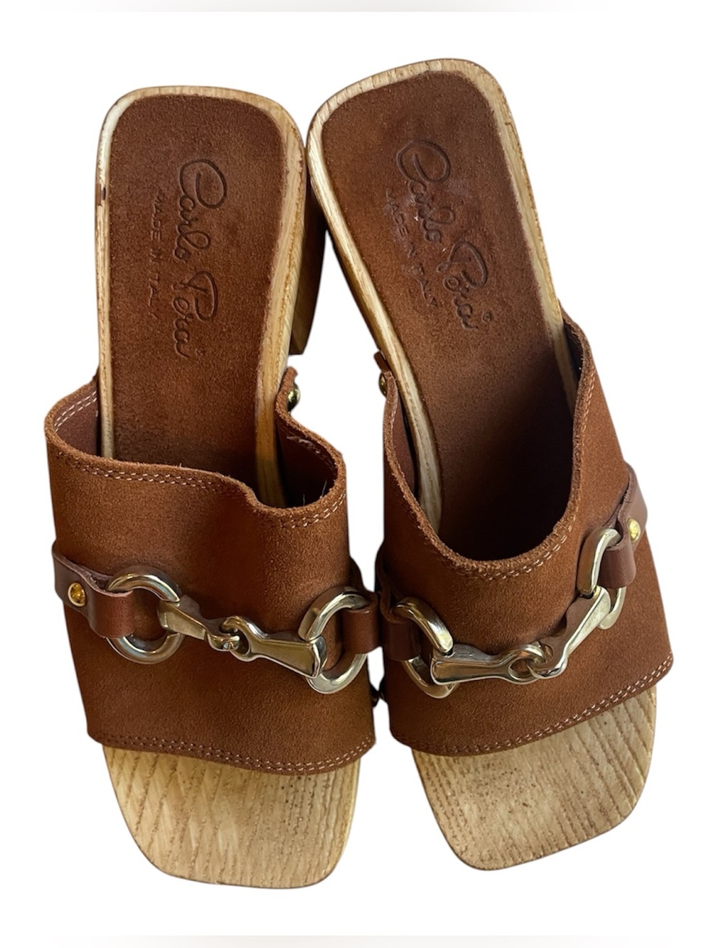 Carlo Pera Suede Italian Brown Suede Chain-Accent Mule Clogs